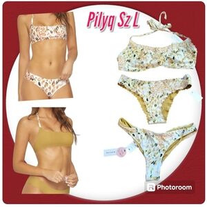 PilyQ Gold/White Reversible Bikini 3 Piece Swimsuit Set